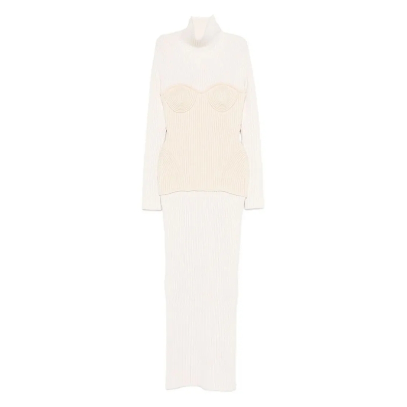 Jean Paul Gaultier  Ankle-Length Off-White Ribbed Knit Dress White