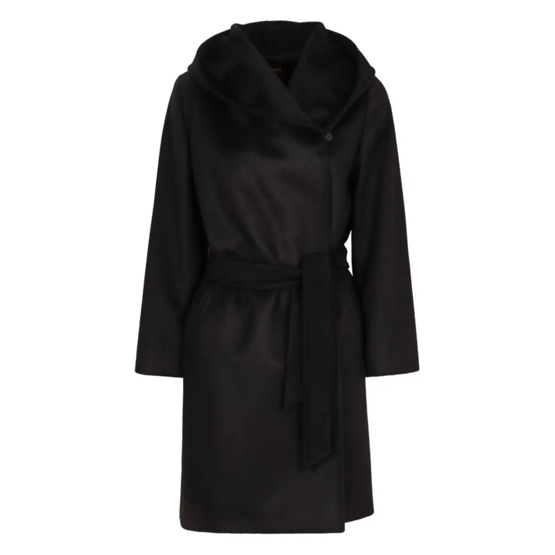 Max Mara Trenchcoat Hooded Virgin Wool Coat With Belted Waist Black