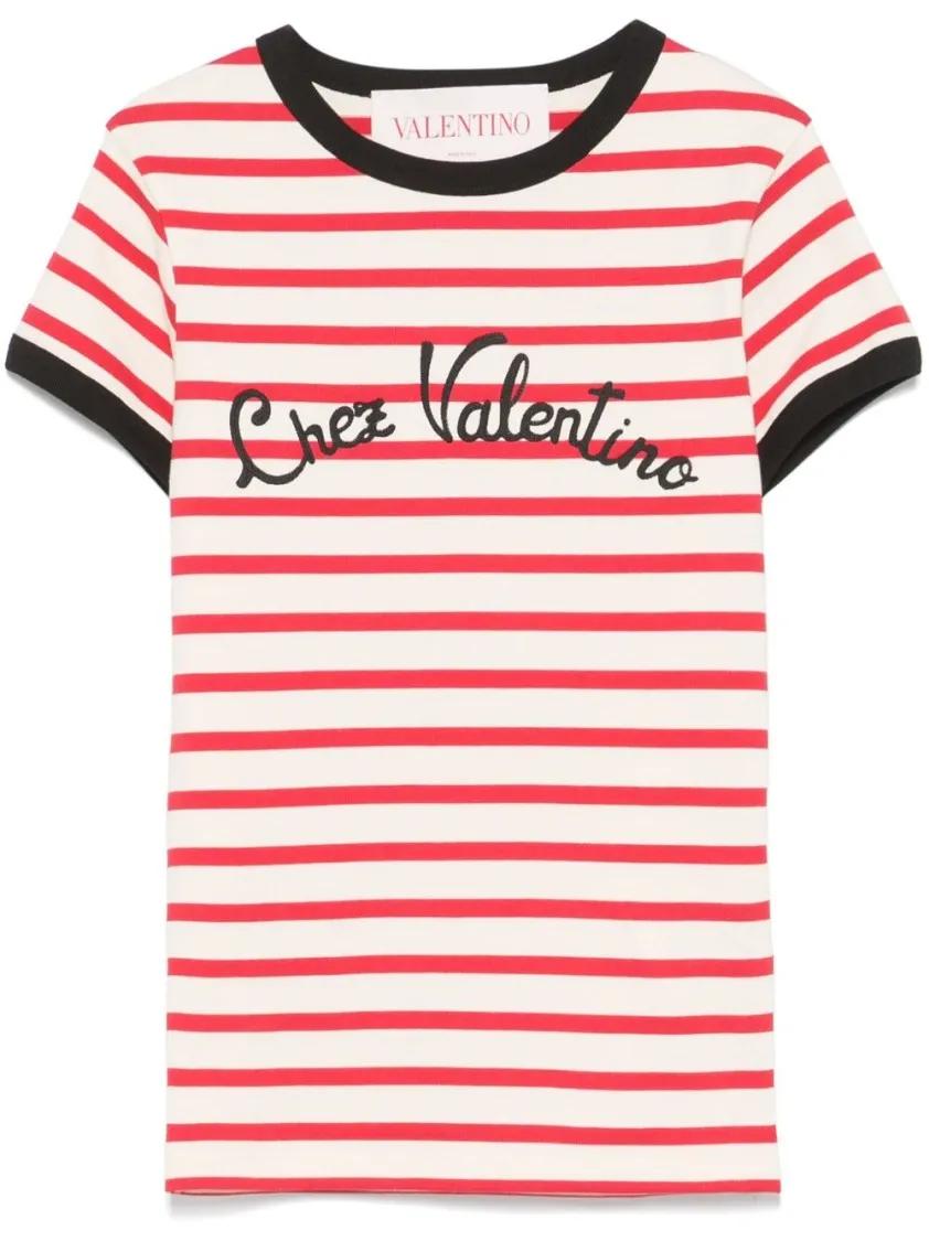 Thumbnail - Valentino Garavani - White And Red Striped Cotton T-Shirt - Größe L - rot
