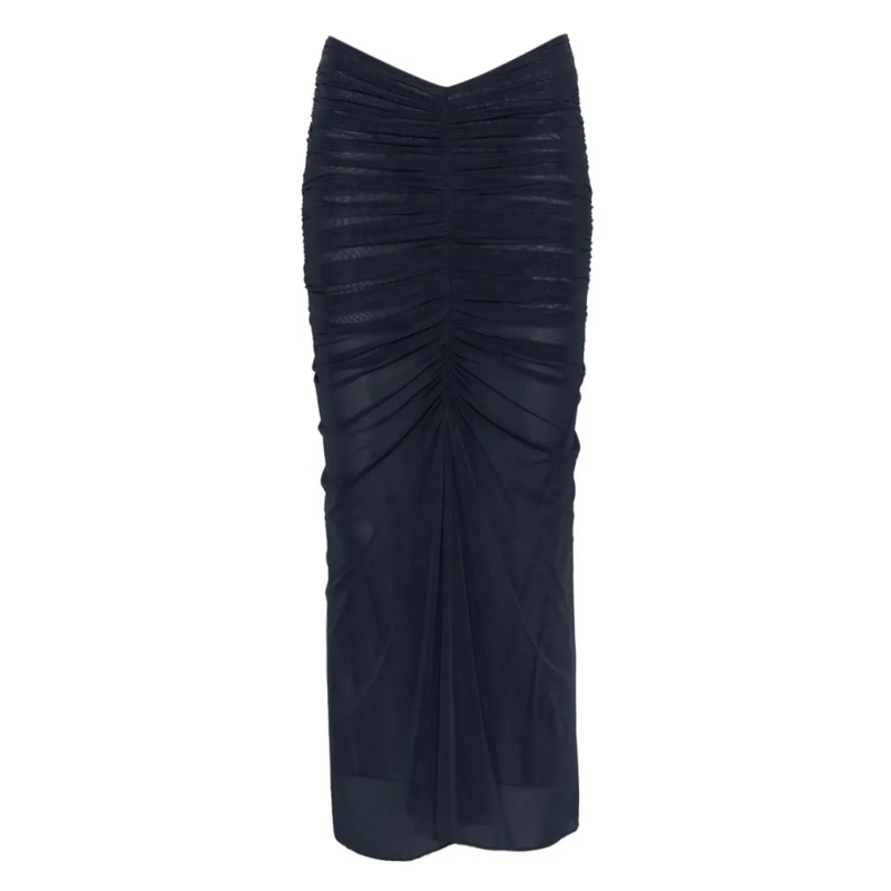 Mugler Midirok Ink Blue Ruched Mesh Midi Skirt Black