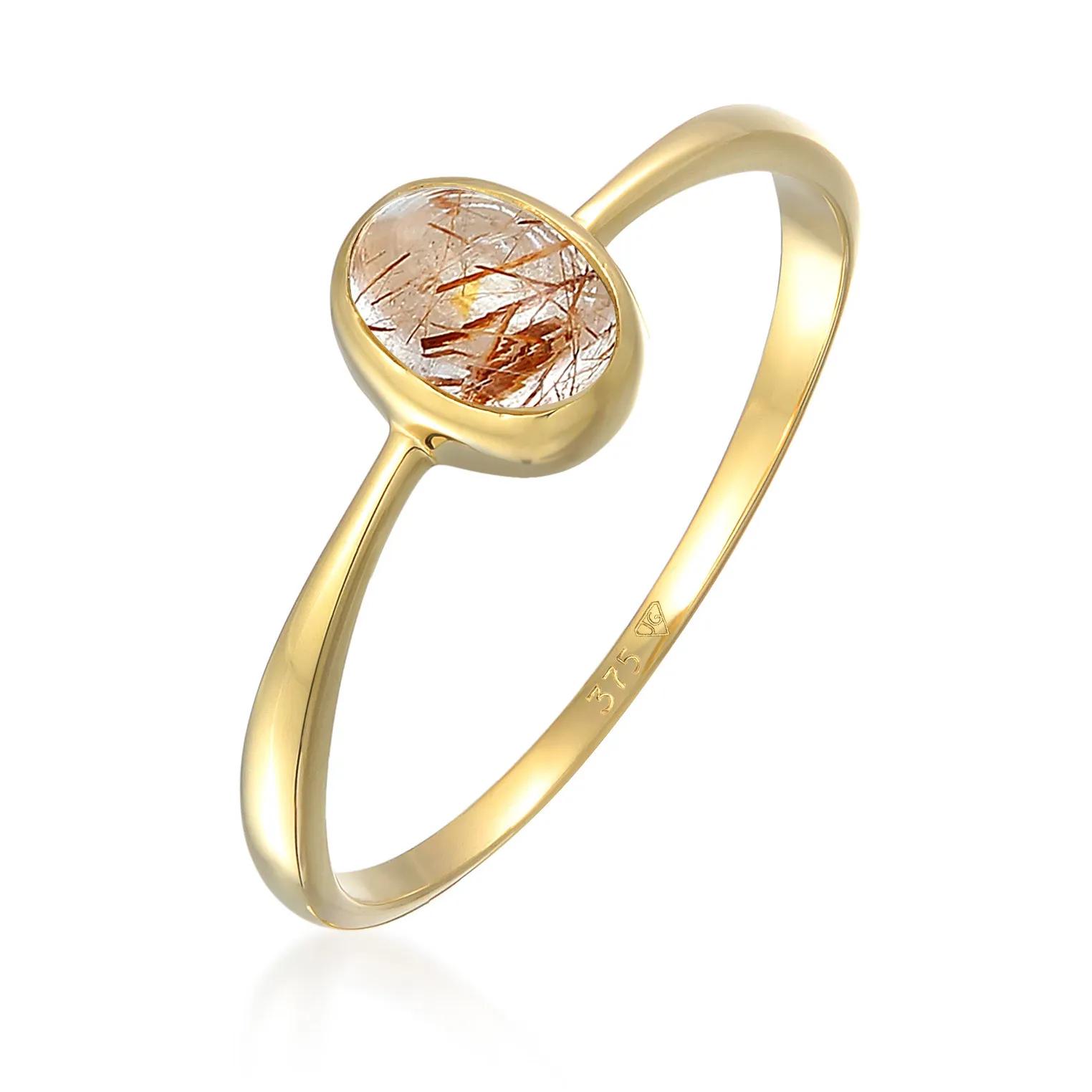 Elli Ringe - Ring Solitär Rutilquarz Edelstein Oval 375er Gelbg - Gr. 52 MM - in Gold - für Damen