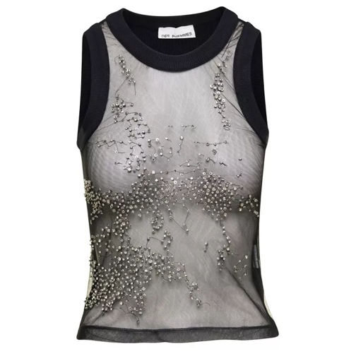 Des Phemmes Black Tank Top With Embroidery And Rhinestones In  Black 