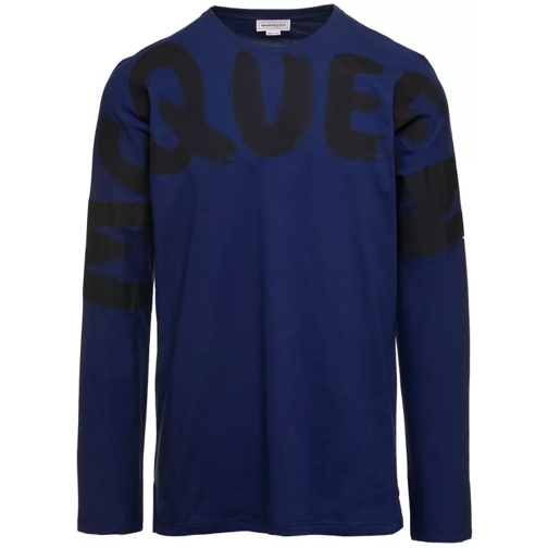 Alexander McQueen Blue Long-Sleeved T-Shirt With Logo Print In Cotto Blue 
