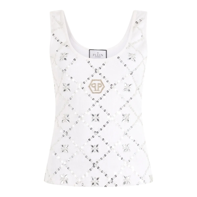 Philipp Plein Top Tank Top Rhomb Flower Strass weiss