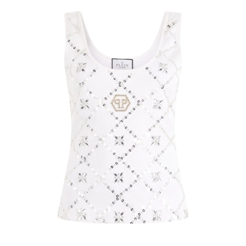 Philipp Plein Top Tank Top Rhomb Flower Strass weiss