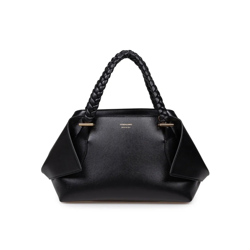 Salvatore Ferragamo Crossbody Bag Braided Handles Calfskin Handbag Black