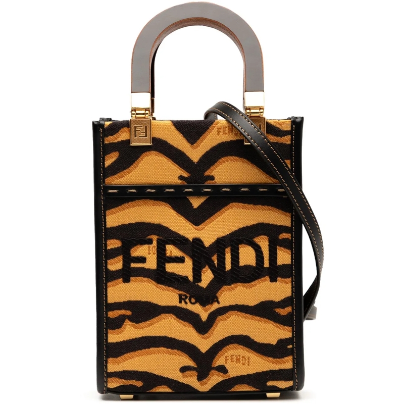 Fendi Schultertasche Mini Embroidered Canvas Tiger Print Sunshine Shopp braun
