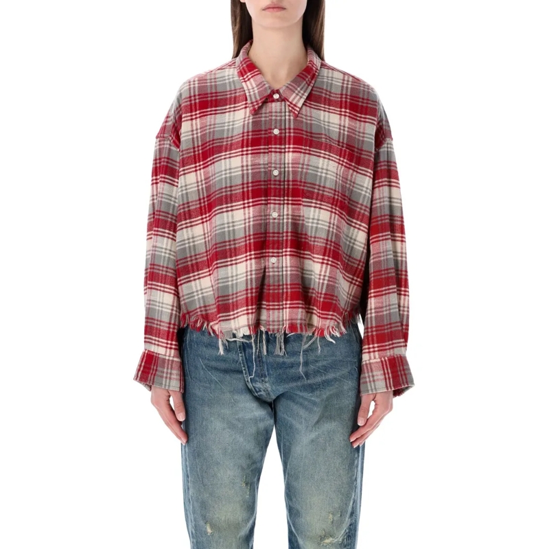 R13 Chemise Relaxed Drop Neck Cropped Shirt With Frayed Hem Pink