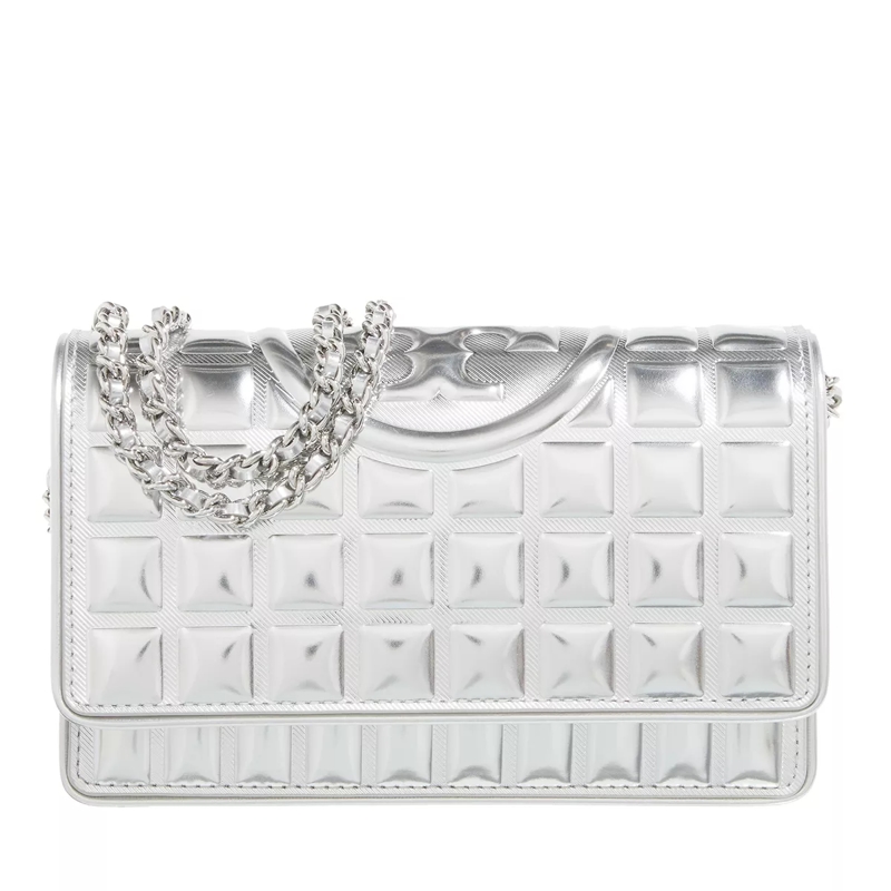 Tory Burch Wallet On A Chain Fleming Metallic Square Quilt Chain Wallet Silver