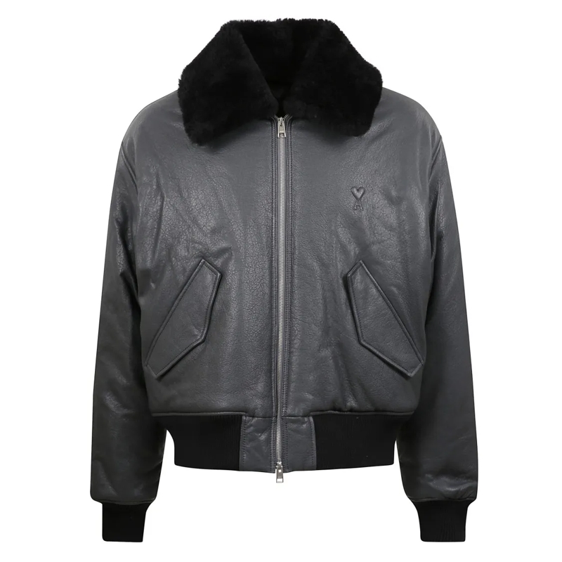 AMI Paris Bomberjacke Leather Bomber Jacket With Fur Collar Grey