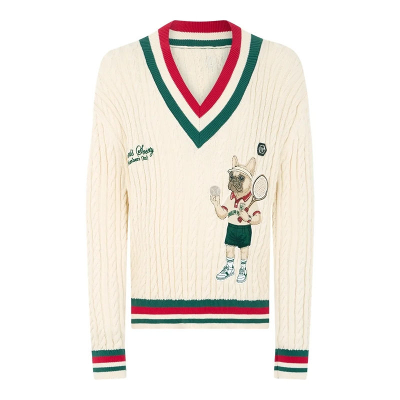 Philipp Plein Gestricktes Oberteil V-Neck Pullover Plein Tennis weiss