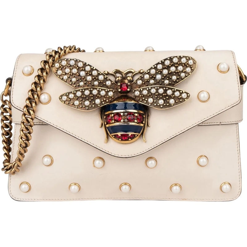 Gucci Schultertasche Gucci White Leather Queen Margaret Bee Crossbody B weiß