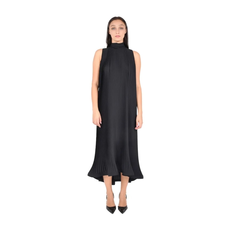 P.A.R.O.S.H.  Pleated Technical Fabric Longuette Dress Black