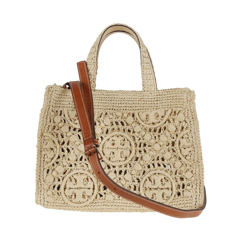 Tory Burch Fourre-tout T Monogram Raffia Square Tote Neutrals