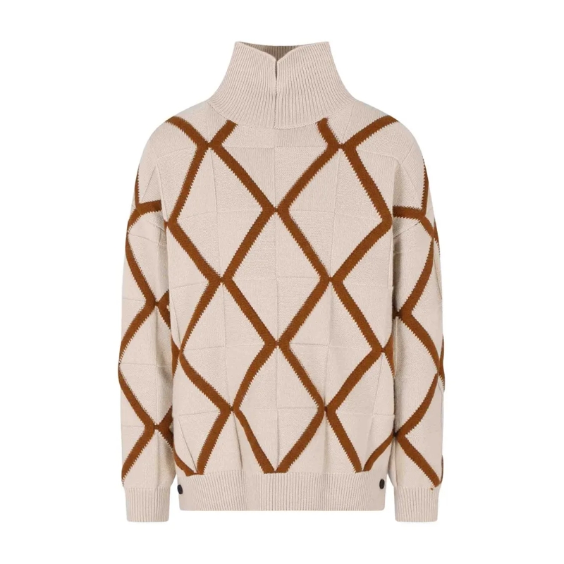 Emporio Armani Pullover Polo-Style Ivory Sweater With Jacquard Diamond Pat Grey