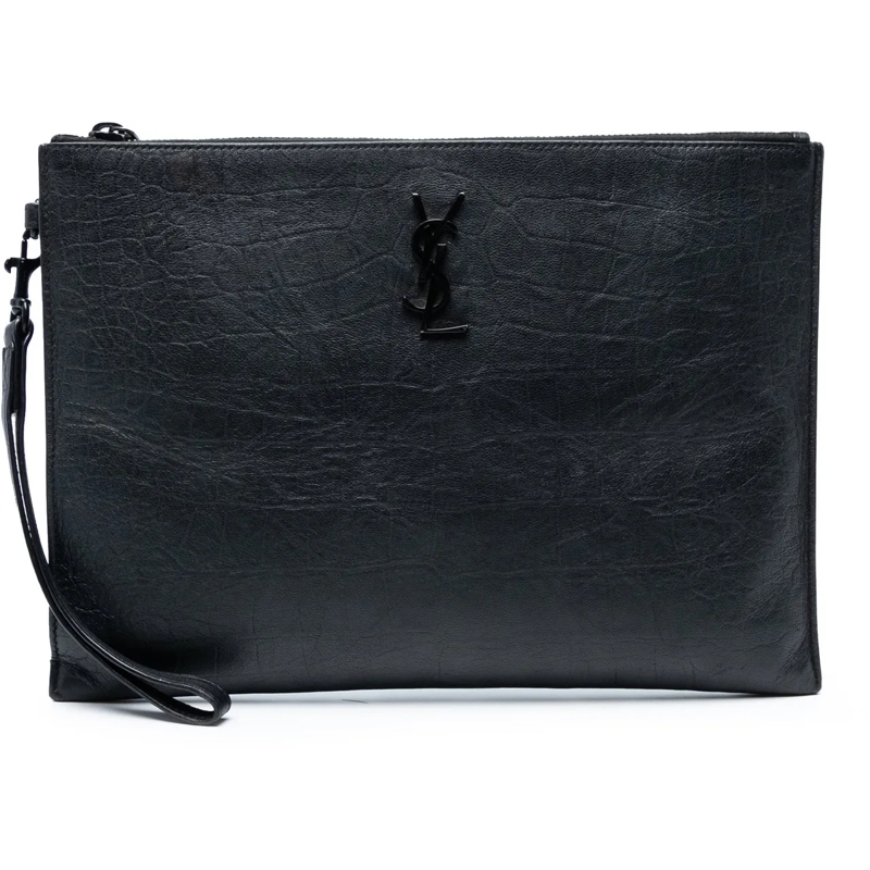 Saint Laurent Pochette Croc Embossed Monogram Zip Pouch schwarz