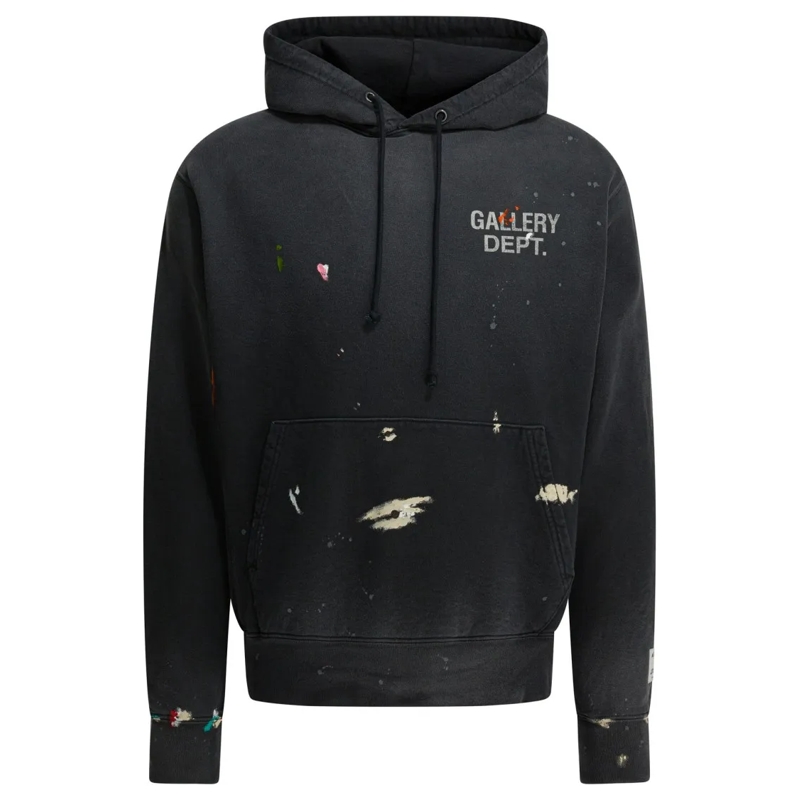Gallery Dept.  Distressed Black Cotton Hoodie With Paint Splatter Black