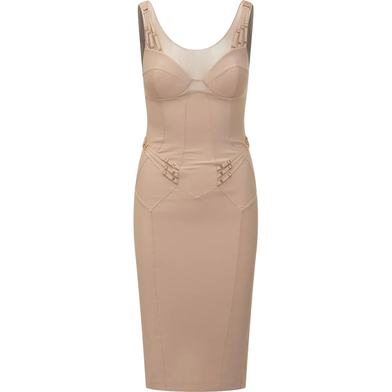 Elisabetta Franchi Maxikleid Abito Midi Aderente con Struttura Corsetto beige