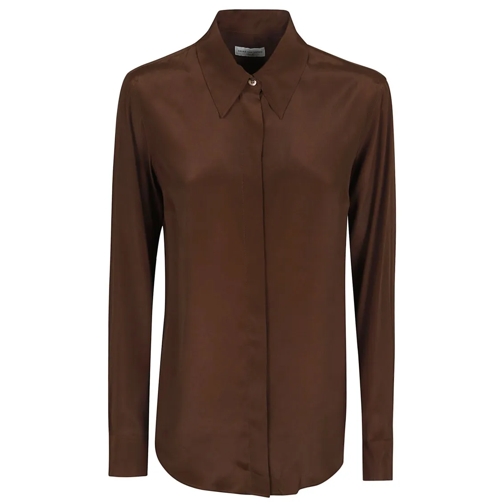 Dries Van Noten Hemden Silk Blend Shirt With Classic Collar And Hidden Bu Brown