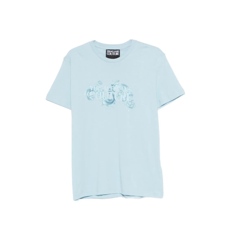 Versace Jeans Couture T-shirt Light Blue Short-Sleeve T-Shirt With Artistic Prin Blue