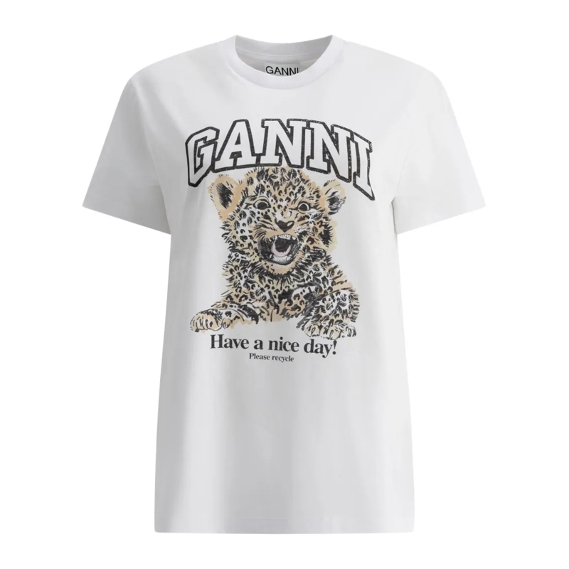 GANNI Hemd Dames Leopard Relaxed T-Shirt Wit weiß