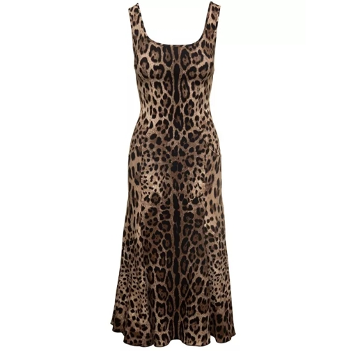 Dolce&Gabbana Mini Brown Dress With All-Over Leo Print In Stretc Brown 