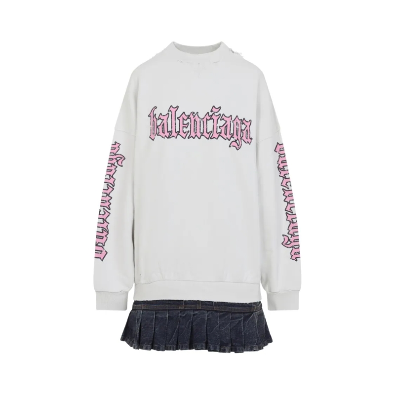 Balenciaga Minikleid Gothic Lettering Cotton Dress With Pleated Skirt White