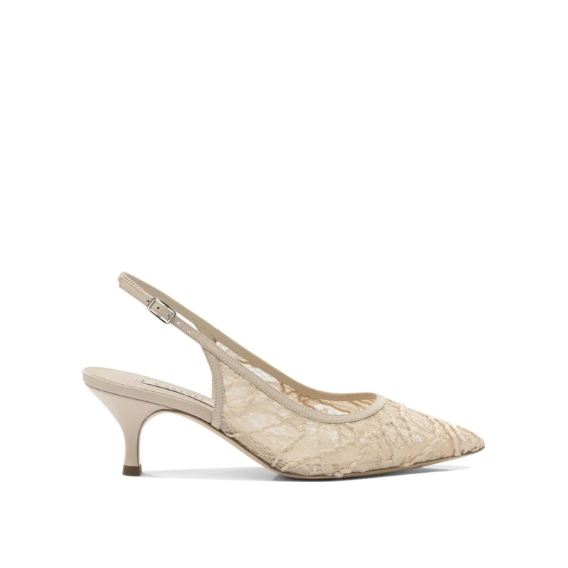 Casadei Pumps Pointed Toe Lace Overlay Slingback Heeled Shoes Neutrals