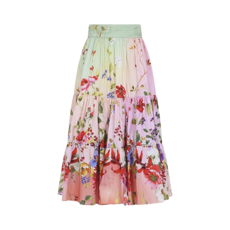 Roberto Cavalli Midirok Pastel Gradient Floral Midi Skirt With Tiered Plea Pink