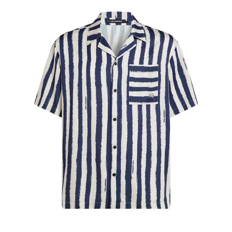 Karl Lagerfeld Hemd Ikon Kurzärmeliges, gestreiftes Bowlinghemd Hemd creme