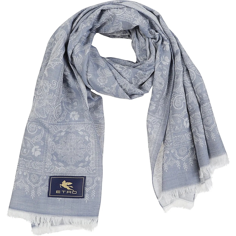 Etro Écharpe en laine Fringes Scarf Blue blau