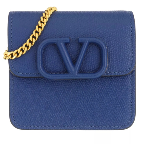 Valentino Garavani V Logo Sling Chain Wallet Leather Blue Portemonnee Aan Een Ketting