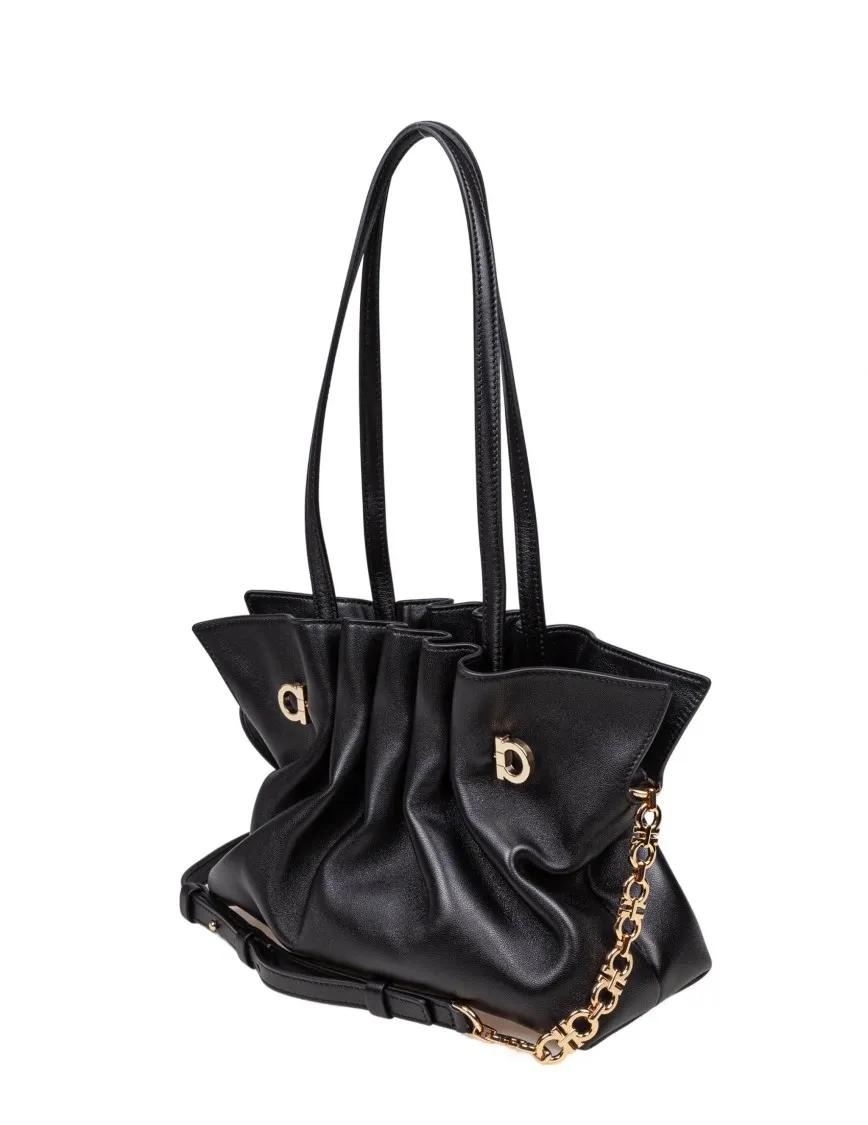 Salvatore Ferragamo Hobo bags Soft Nappa Shoulder Bag With Ruffled Silhouette in zwart