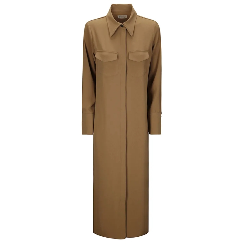 Alberto Biani  Silk Maxi Shirt Dress With Classic Collar Brown
