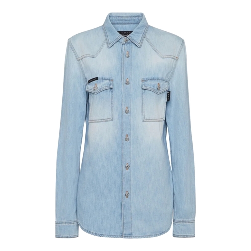 Philipp Plein Blusen Jeanshemd Skull Mit Schmucksteinen blau