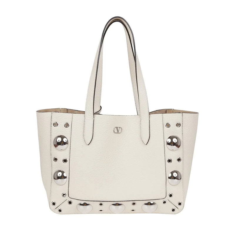 Valentino Garavani Fourre-tout Medium Textured Leather Tote With Ball Studs And S White