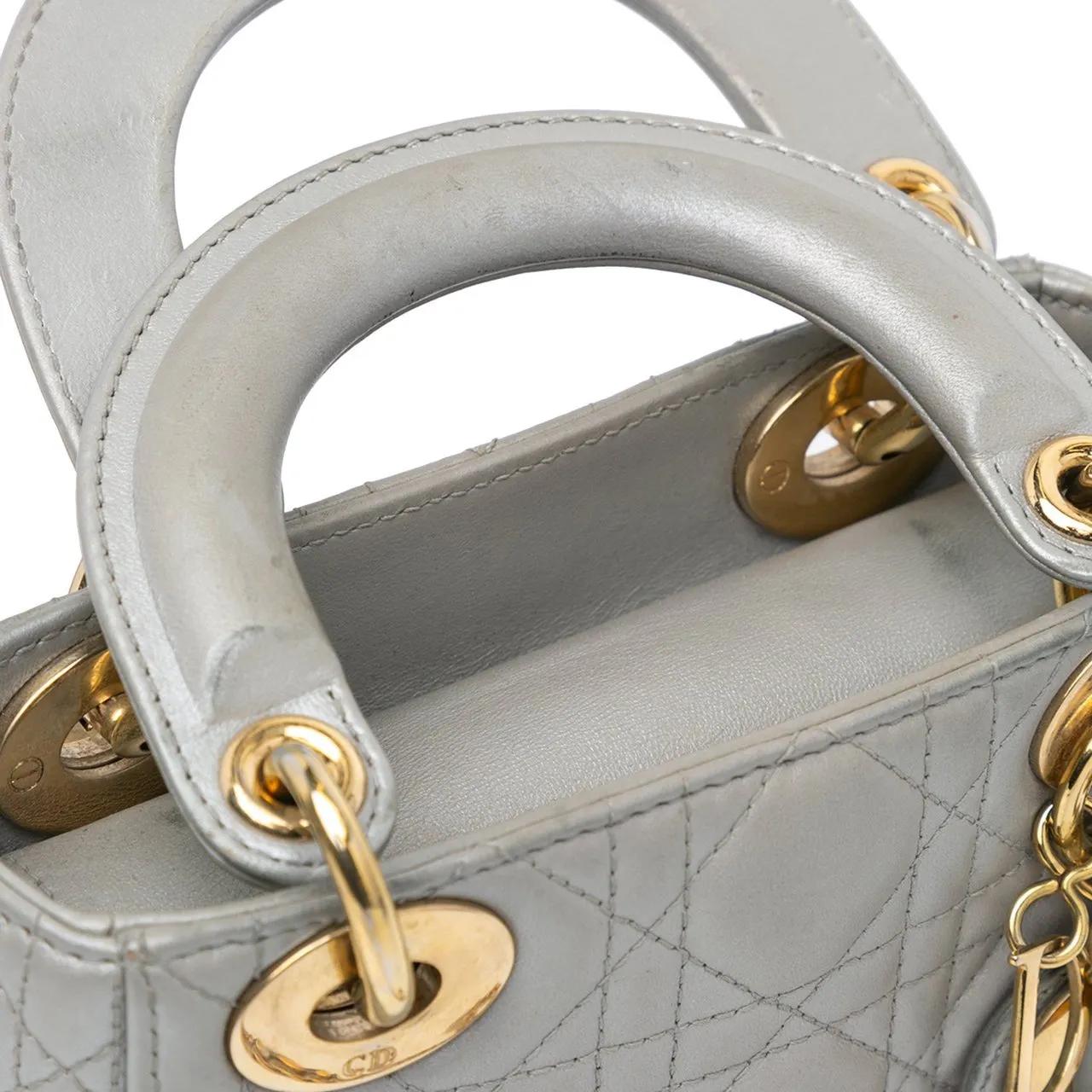 Christian Dior Mini Metallic Lambskin Cannage Lady Dior grau Tote