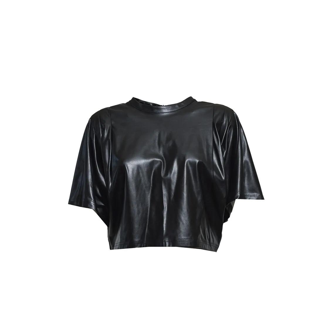 Tシャツ・カットソー Isabel Marant Etoile Black Faux Leather Brooky Cropped Top Etoile Isabel Marant Black Faux Leather Brooky Cropped Top