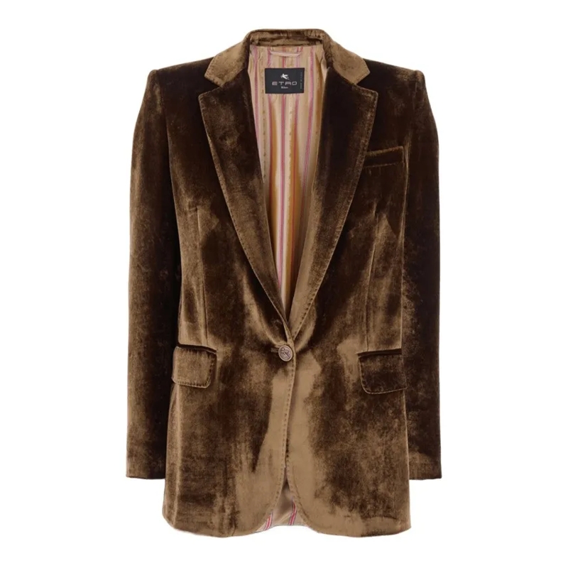 Etro Blazer Straight-Cut Velvet Jacket With Pegasus Motif Brown