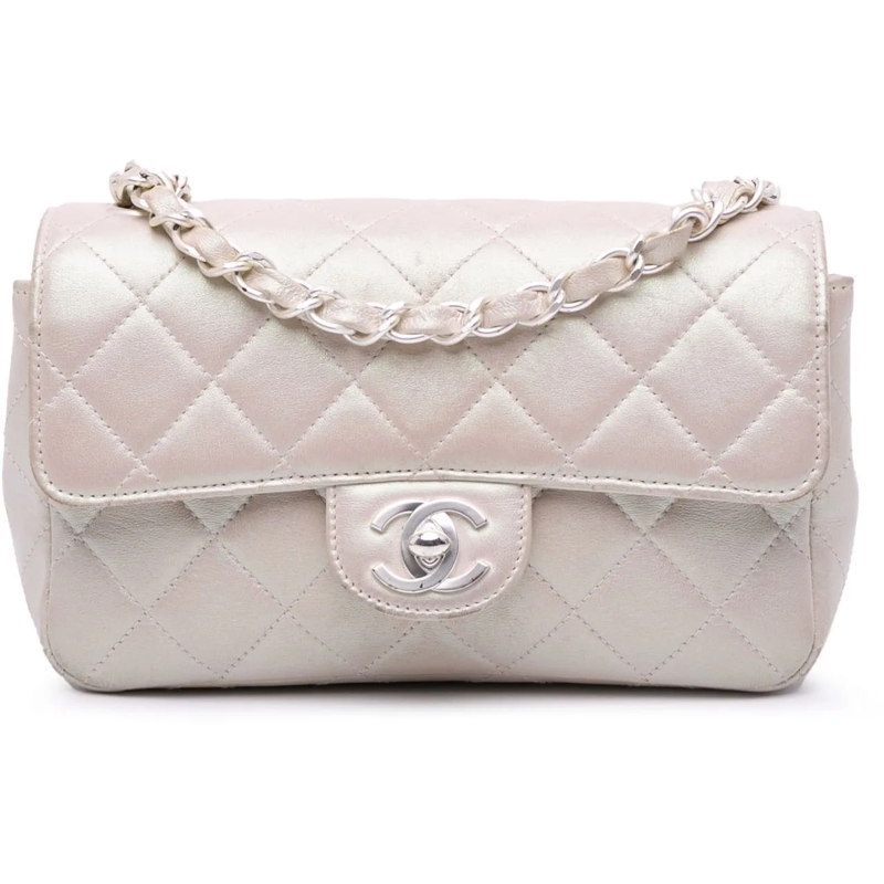 Chanel Sac à bandoulière Mini Rectangular Classic Iridescent Lambskin Singl weiß