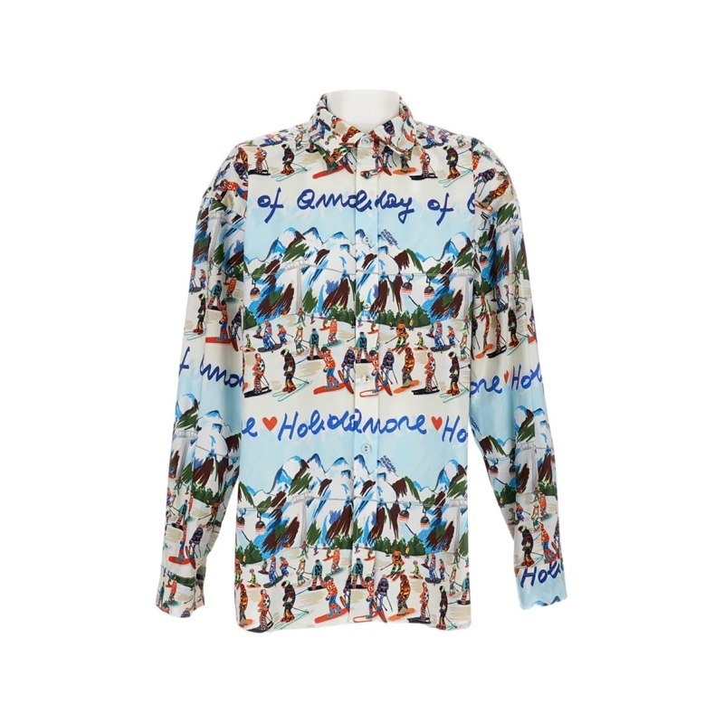 Alessandro Enriquez Hemd Multicolor Ski Scene Shirt With Classic Collar Blue