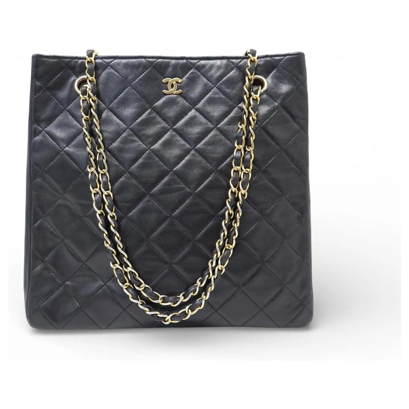 Chanel Tote VINTAGE CHANEL QUILTED SCHWARZE LEDER SHOPPING HAN schwarz
