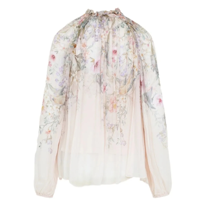 Zimmermann Blouse Heavily Gathered Blouse With Frill Collar And Roul Neutrals