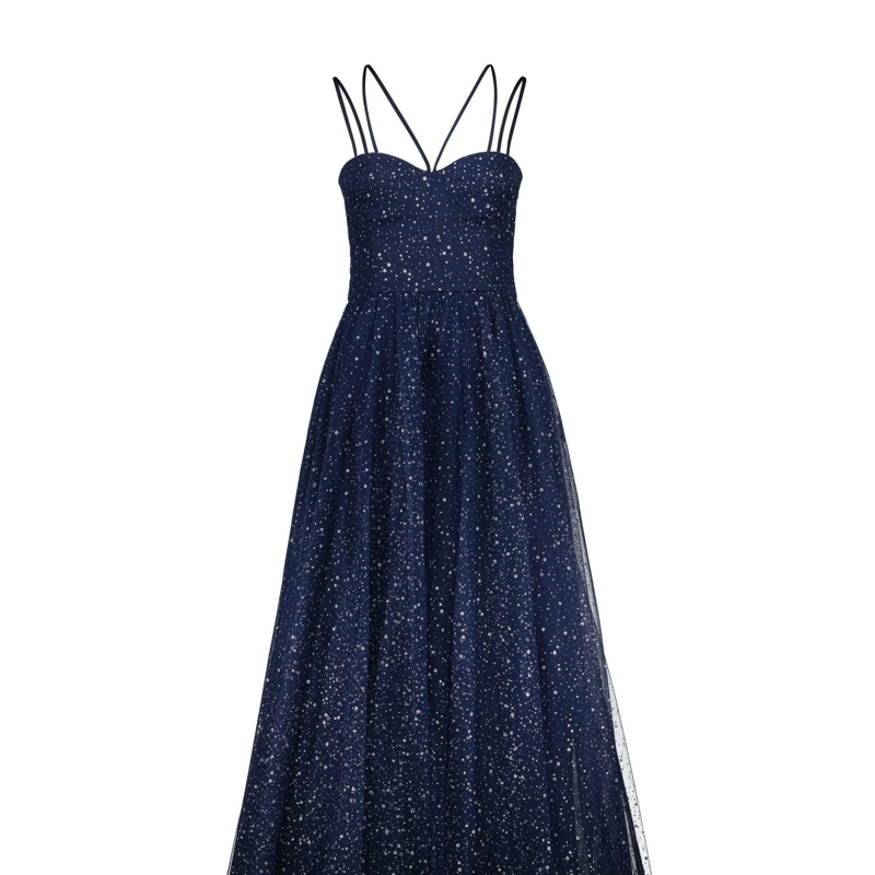 SWING Maxikleid Abendkleid mit Tüll & silberfarbenen Tupfen blau