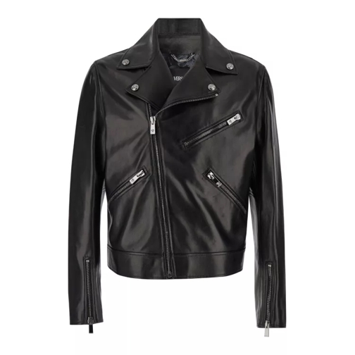 Versace Black Biker Jacket With Zipped Pockets In Smooth L Black 