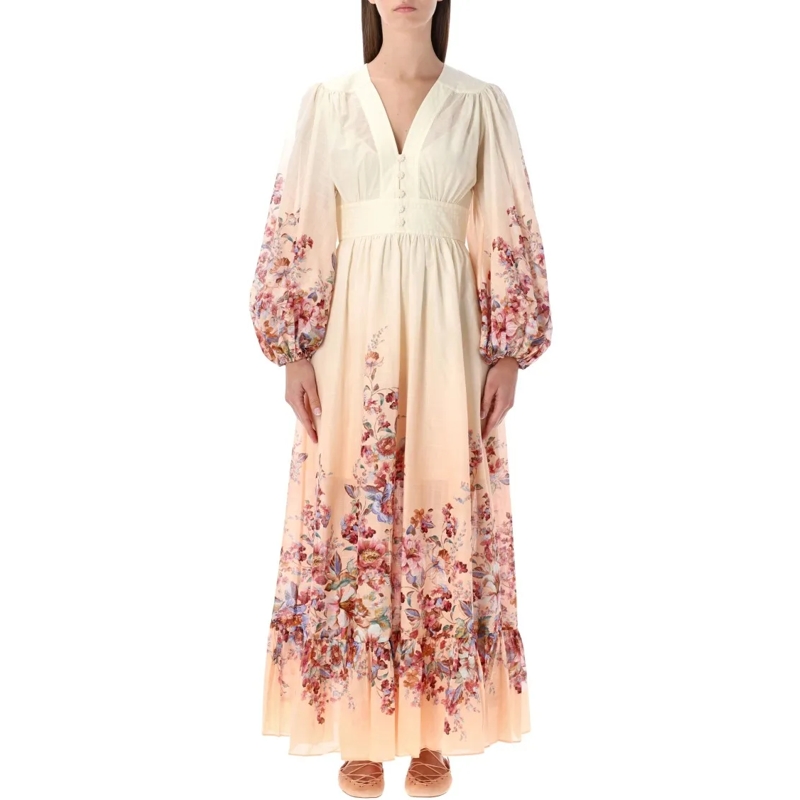 Zimmermann  Awaken Floral Deep-V Maxi Dress Neutrals