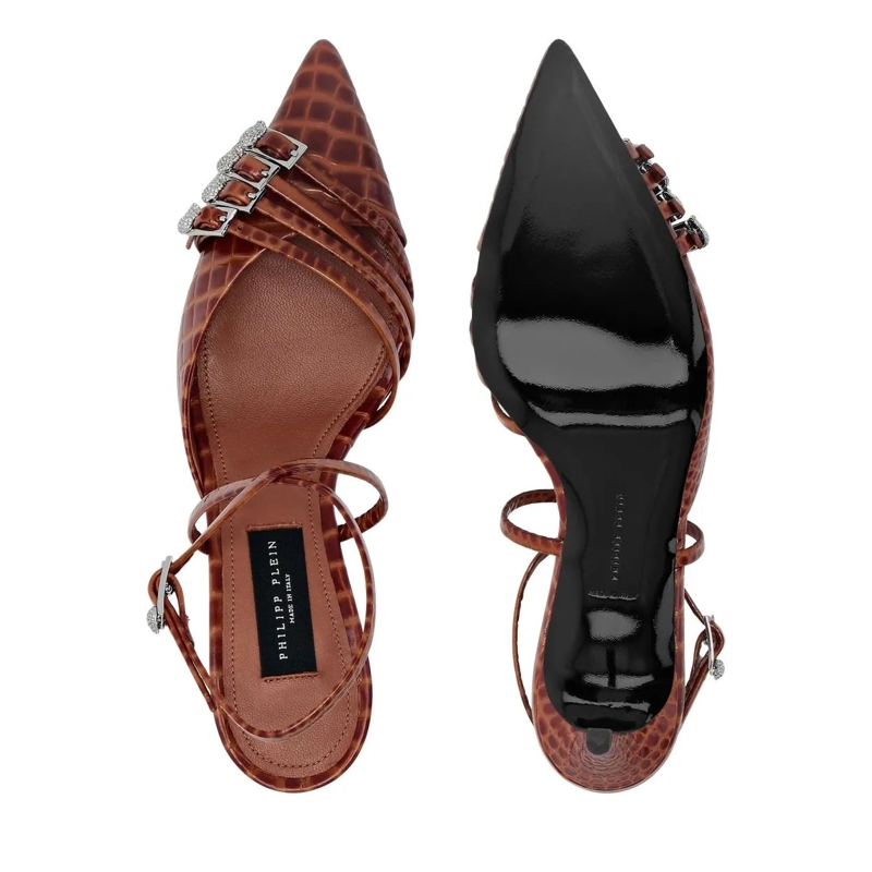 Philipp Plein Pumps Slingback Low Heels Cocco Crocco Geprägt braun(Image 4)