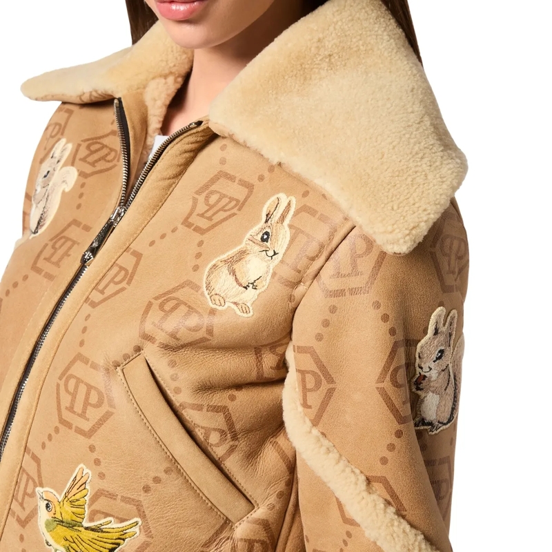 Philipp Plein Lederjacke Leather Jacket Monogram beige(Image 5)