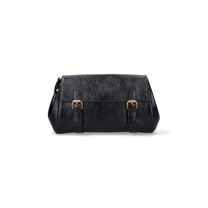 Dries Van Noten Schultertasche Textured Leather Shoulder Bag With Gold-Tone Buckl Black