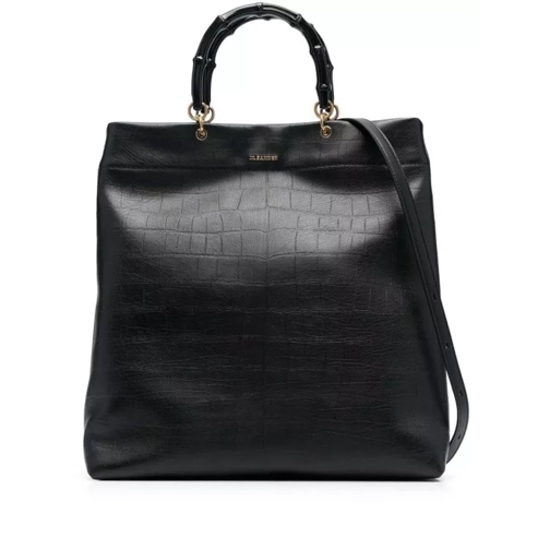 Jil Sander Black Croco Embossed Tote Bag With Bamboo Handles  Black Rymlig shoppingväska